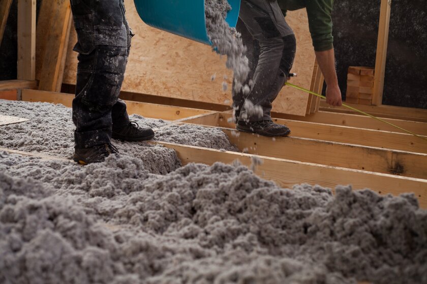Arbeiter isolieren Bodenkonstruktion eines Neubau mit Recyclingpapier.