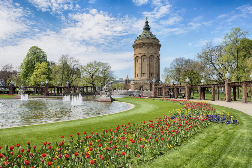 Blick auf den Park von Mannheim mit Springbrunnen und Wasserturm im Hintergrund.