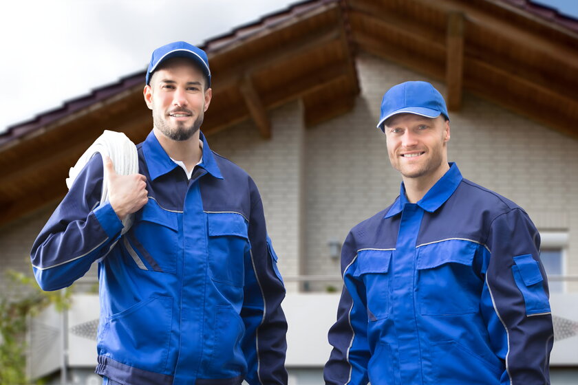 Zwei Elektriker in Arbeitskleidung vor Einfamilienhaus.