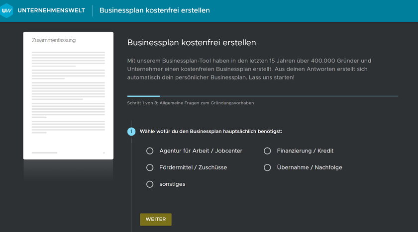 Abbildung Startseite im Businessplan Tool von Unternehmenswelt.